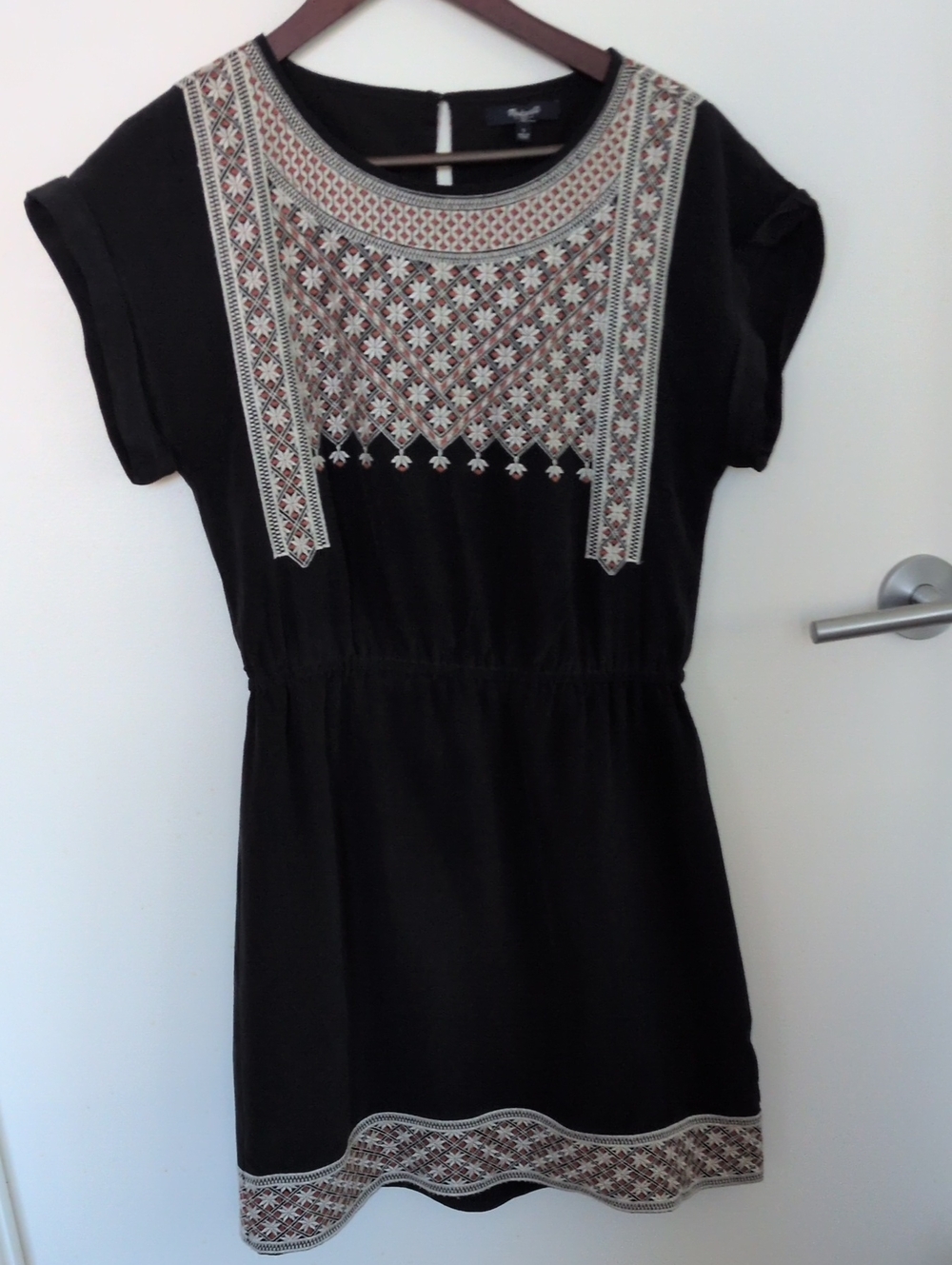 Madewell Black Mini Dress with Cream & Brown Embroidery